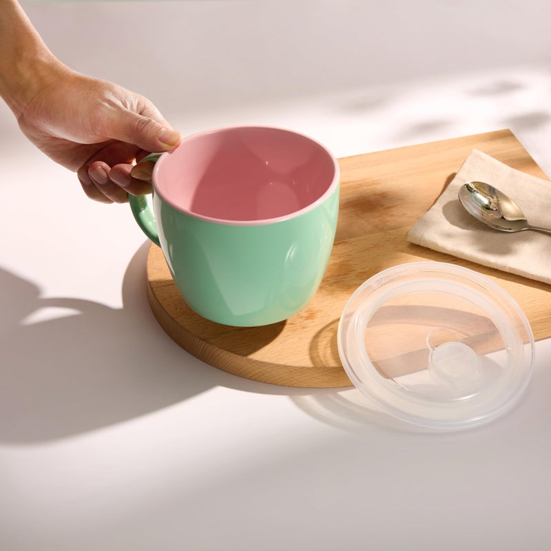 KooK Ceramic Soup Mug Set with Lid & Handles, 25 Oz Microwave-Safe Bowls for Cereal, Overnight Oats, Coffee, Travel Use, Mint/Coral, Pack of 2 - Image 2